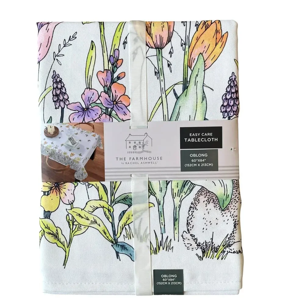 The Farmhouse Spring Floral Bunnies Easter Tablecloth 60x84 Pop of Color New